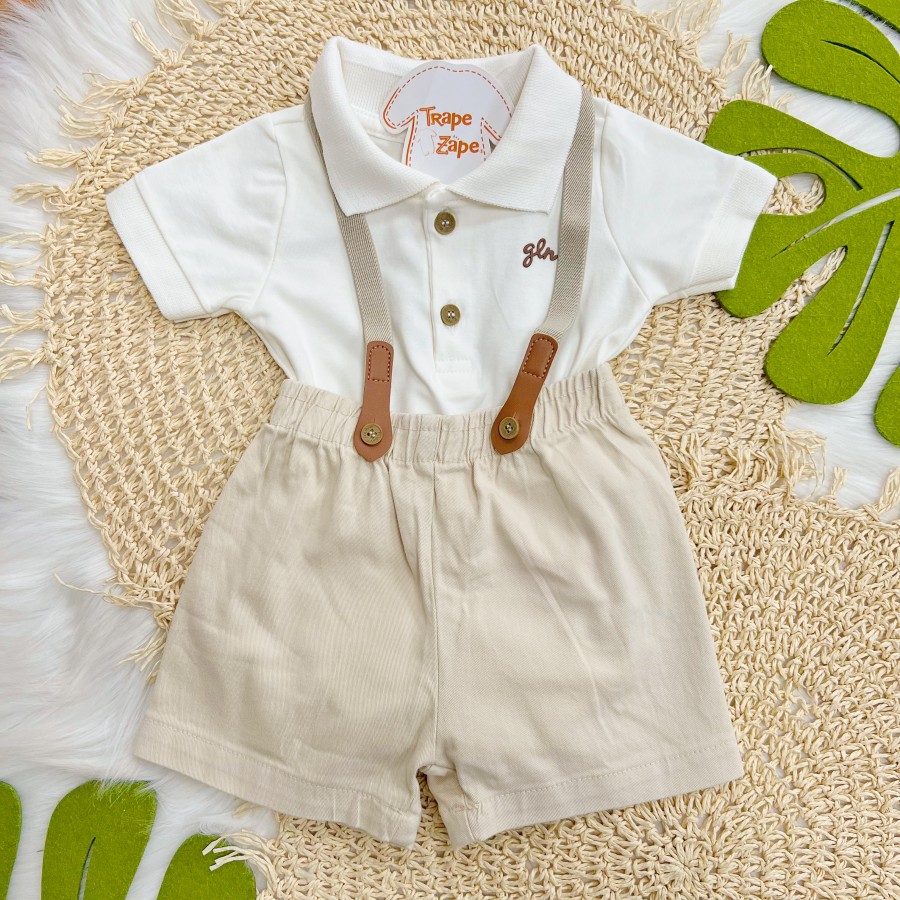 Conj. Body Gola Polo e Bermuda com Suspensório - Off White e Areia